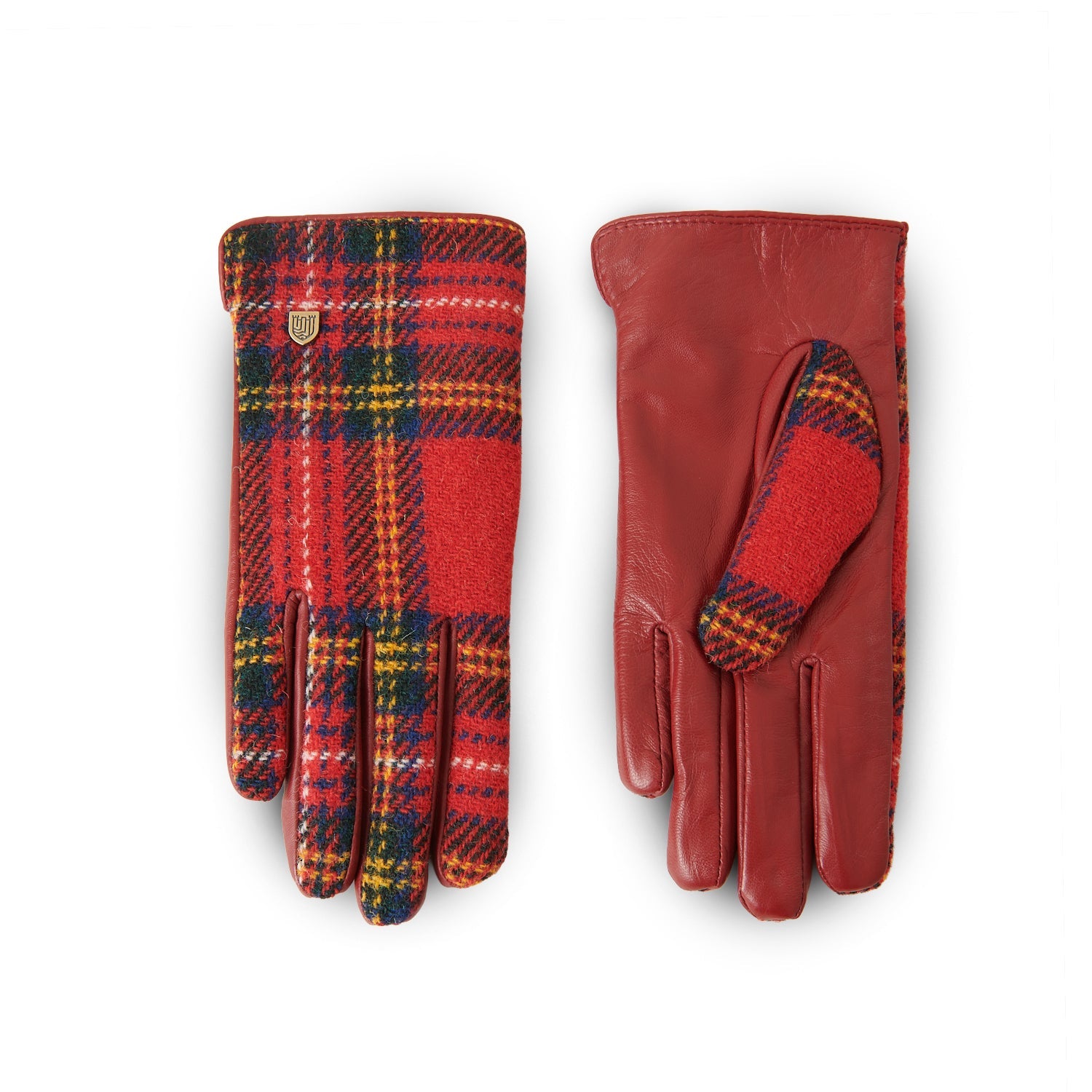 Royal Stewart tartan gloves showing brown leather palm on white background