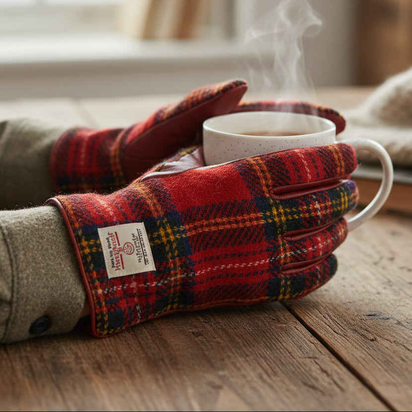 Royal Stewart tartan Harris Tweed gloves holding mug in cosy setting