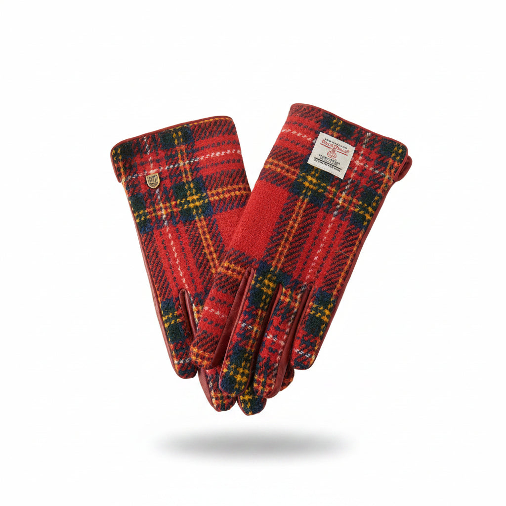 Harris Tweed ladies gloves in Royal Stewart tartan on white background