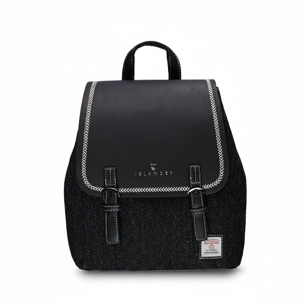 Islander Jura backpack black herringbone Harris Tweed front view on white background