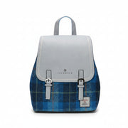Islander Jura backpack blue tartan Harris Tweed front view on white background