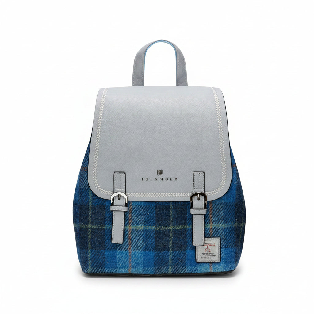 Islander Jura backpack blue tartan Harris Tweed front view on white background