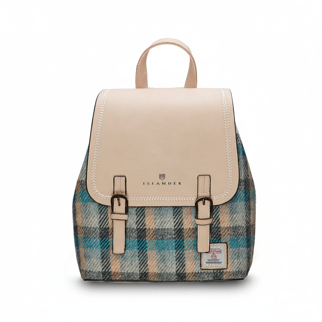 Islander Jura backpack Islander tartan Harris Tweed front view on white background