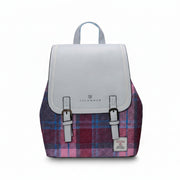 Islander Jura backpack pink and blue tartan Harris Tweed front view on white background