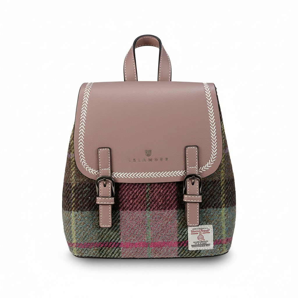 Islander Jura backpack pink-green tartan Harris Tweed front view on white background