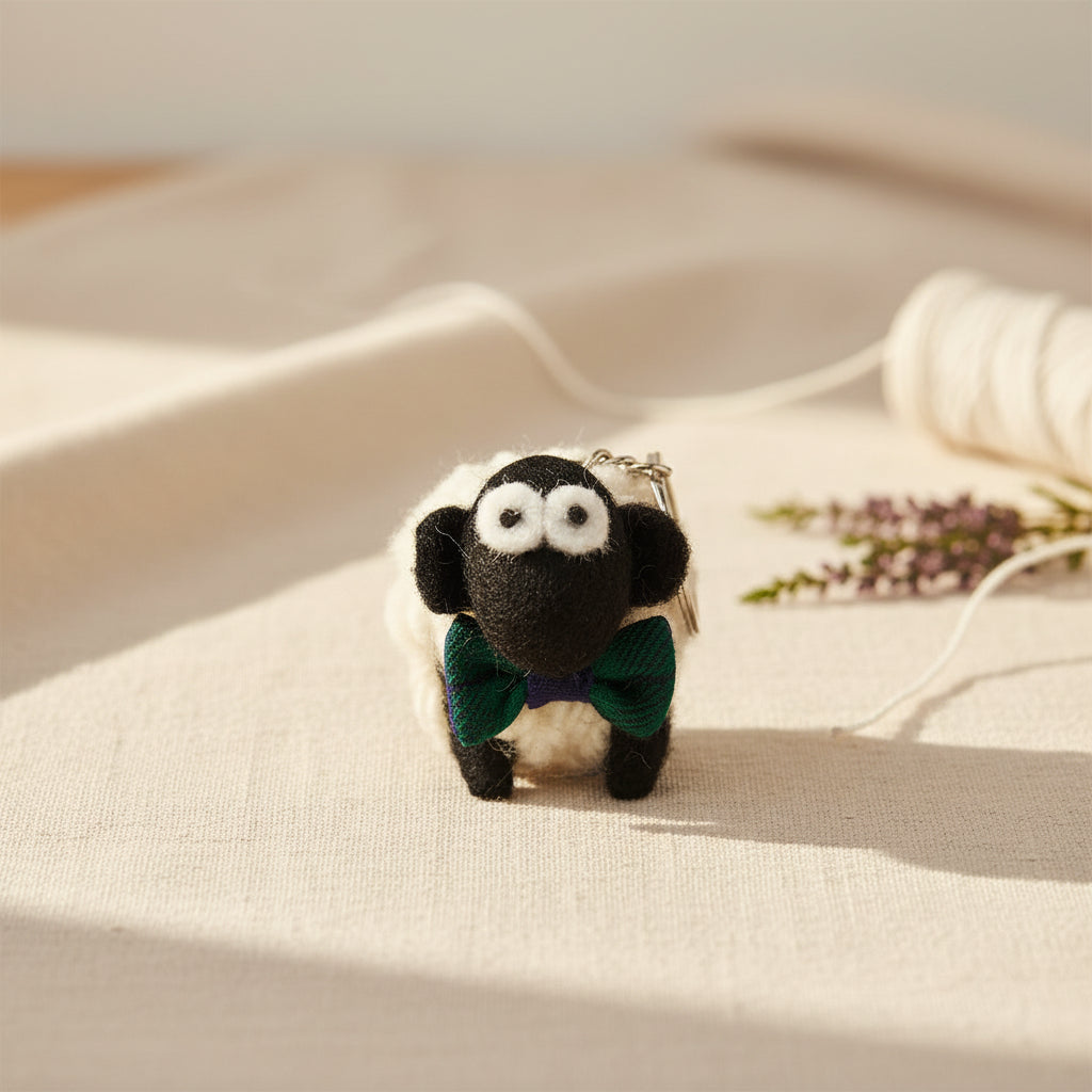 A small felt sheep keychain with a black face and ears, white wool-like body, green bow tie, and a silver metal key ring, centered on a plain white background.