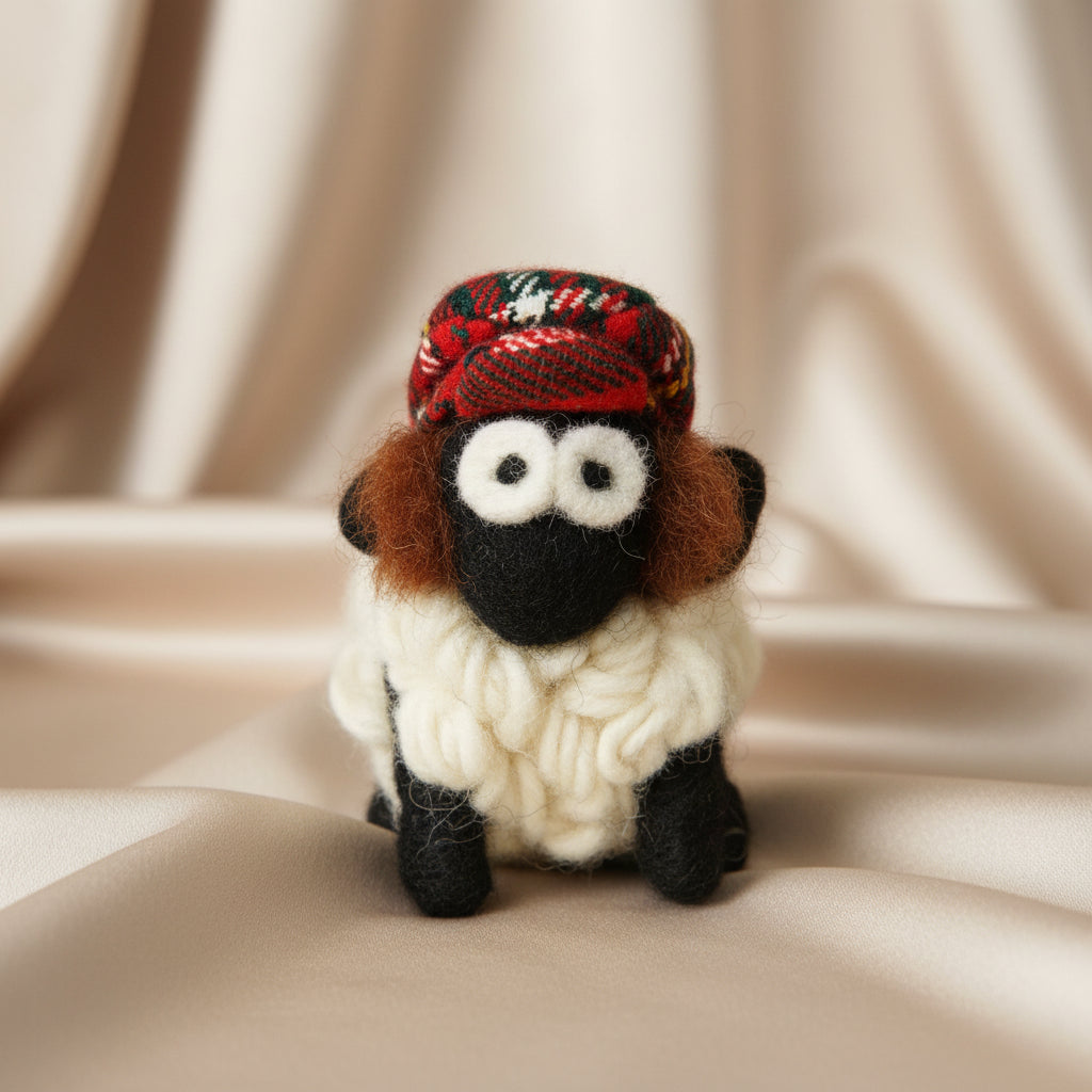 Small plush toy sheep wearing a colorful hat on a white background