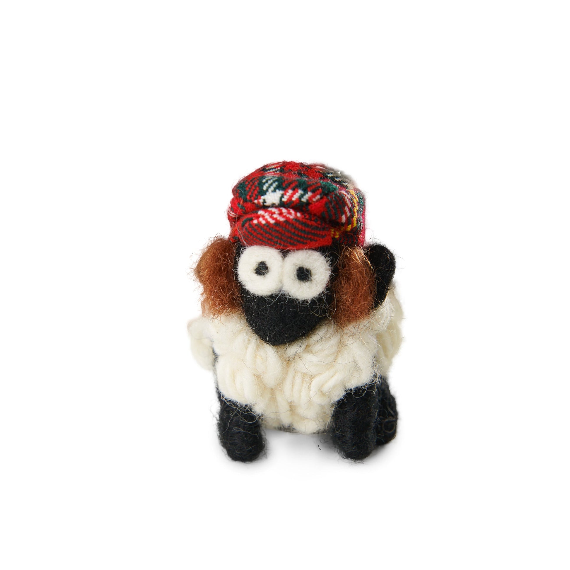 Knitted wool sheep keyring wearing a tartan Jimmy hat, on a plain white background.