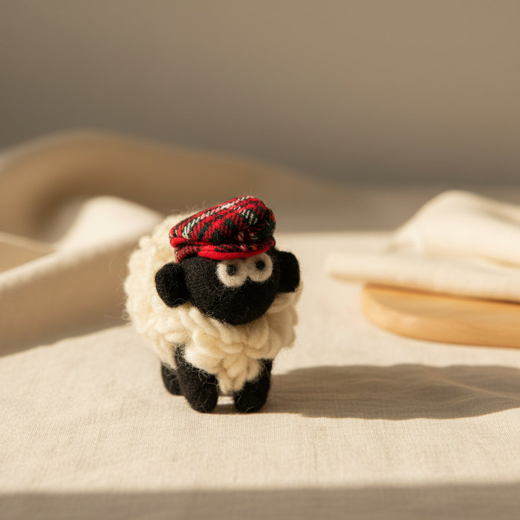 A small handmade felt sheep figurine with black wool body, white wool fleece, and a red tartan patterned hat, photographed on a white background.