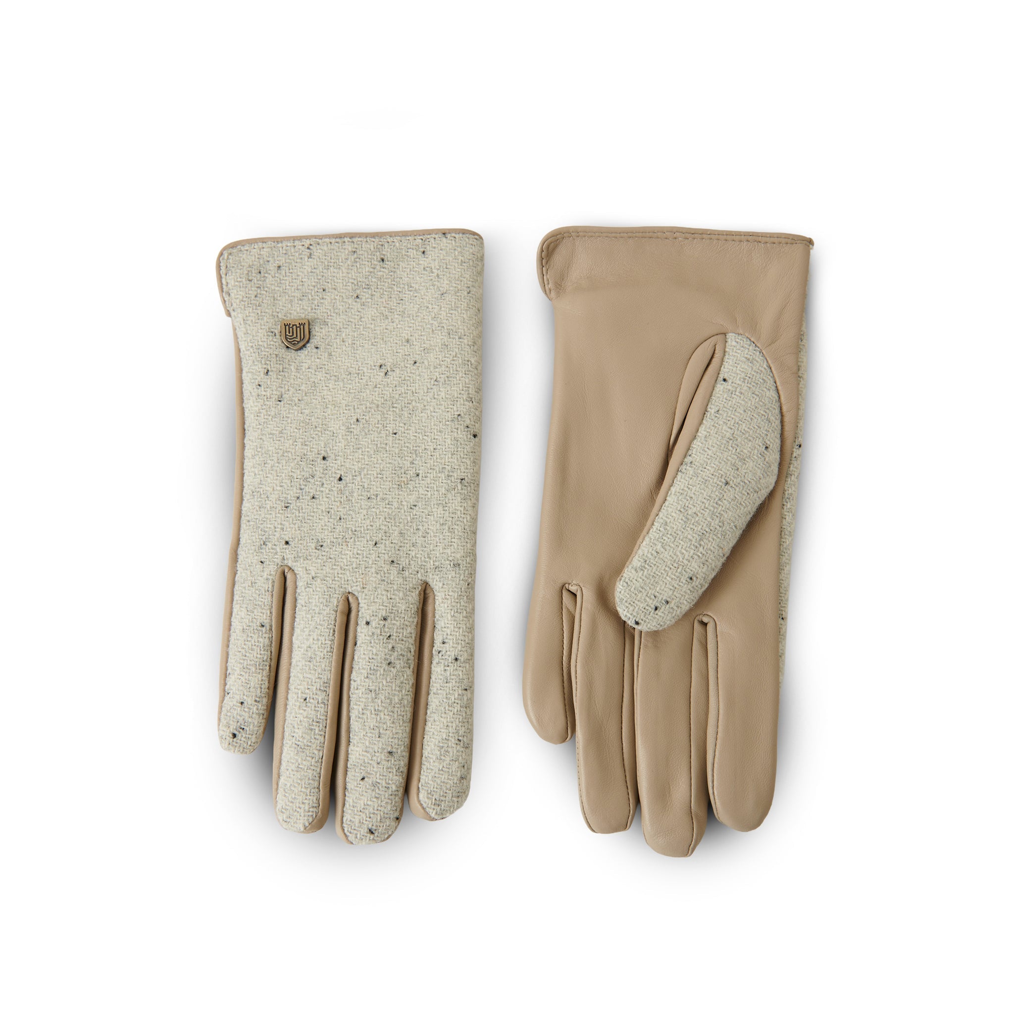 Cream plain Harris Tweed gloves pair showing tweed upper on white background