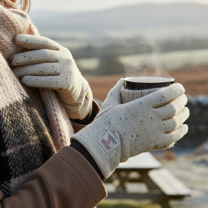 Harris Tweed cream gloves worn holding steaming mug outdoors in Scottish countryside