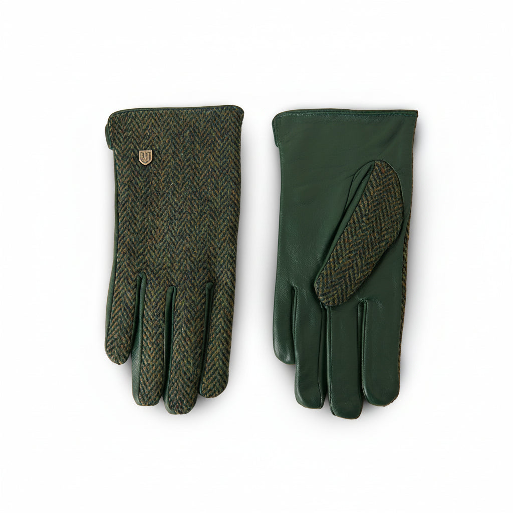 Dark green herringbone Harris Tweed gloves pair on white background