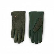 Dark green herringbone Harris Tweed gloves pair on white background