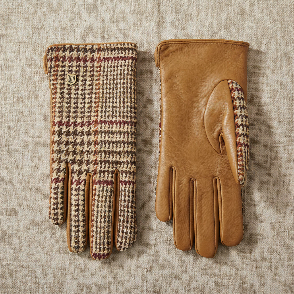 Beige dogtooth Harris Tweed® ladies gloves with soft tan leather palm and woven tweed upper, shown flat on white background.