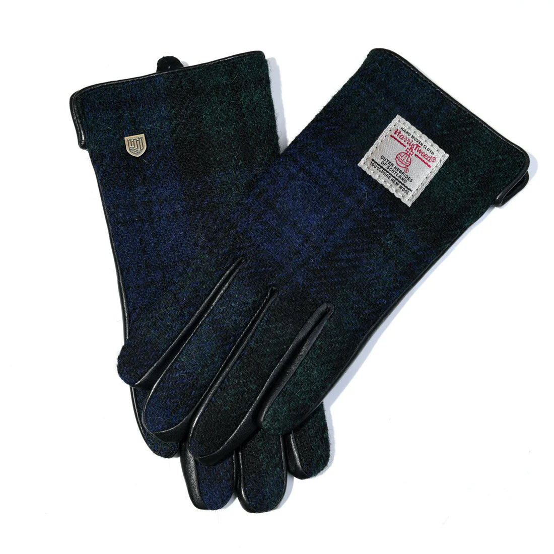 Ladies Harris Tweed gloves in classic Black Watch Tartan, featuring rich navy, green, and black tones with smooth leather trim and touchscreen fingertips — elegant and functional winter accessories handcrafted from genuine Harris Tweed®.