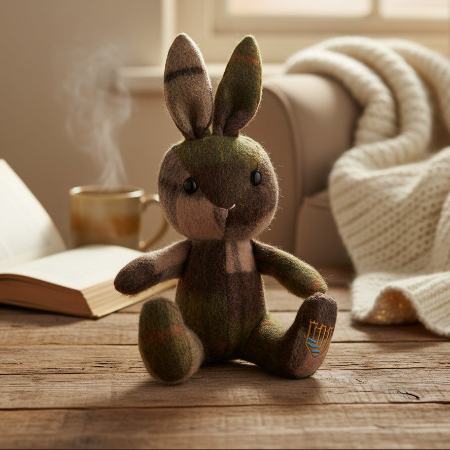 Lambswool bunny in chestnut tartan on wooden table lifestyle setting.