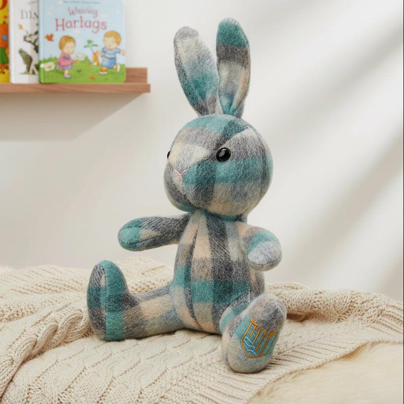 Lambswool bunny in teal Islander tartan on cream blanket with books.