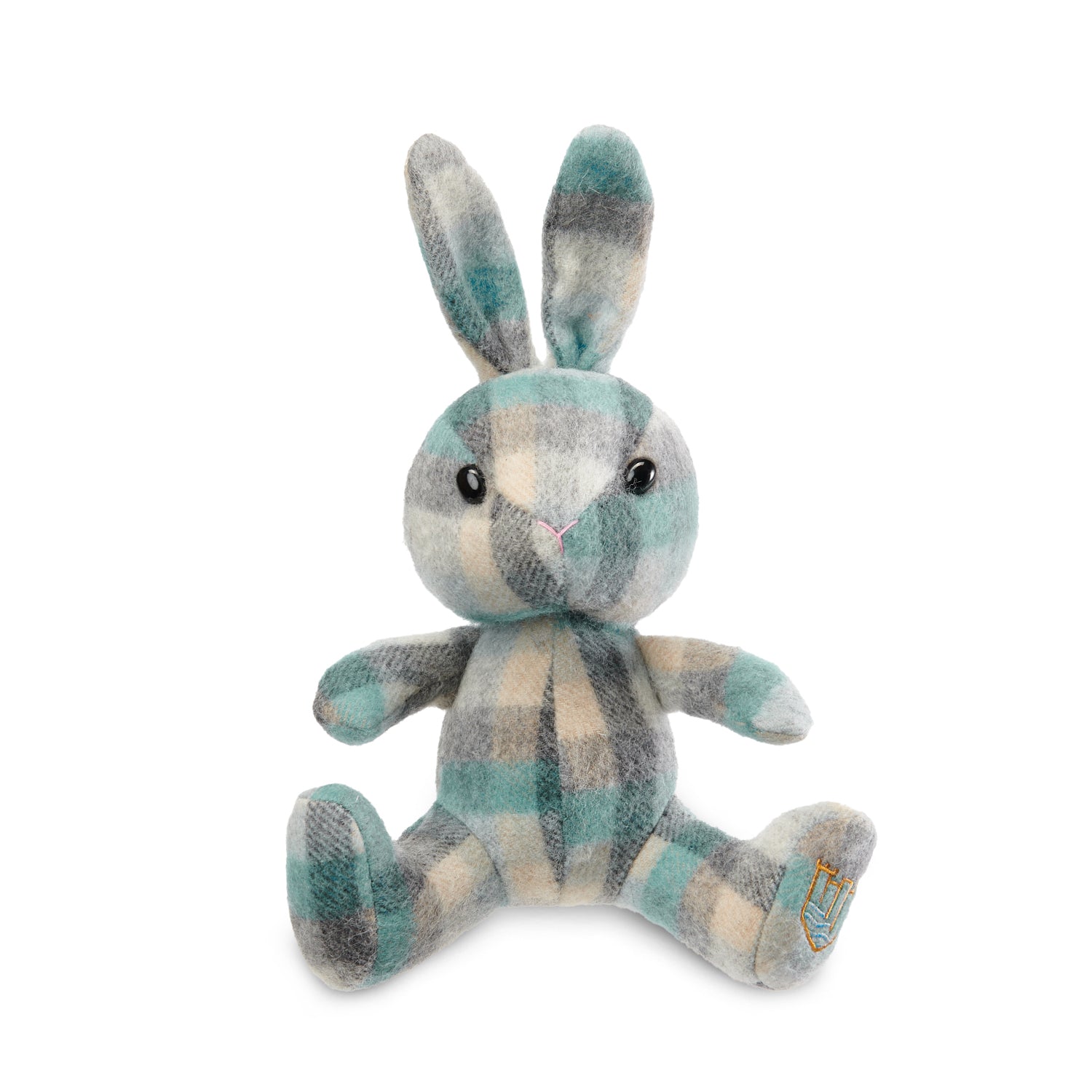 Lambswool bunny teal Islander tartan front view on white background.