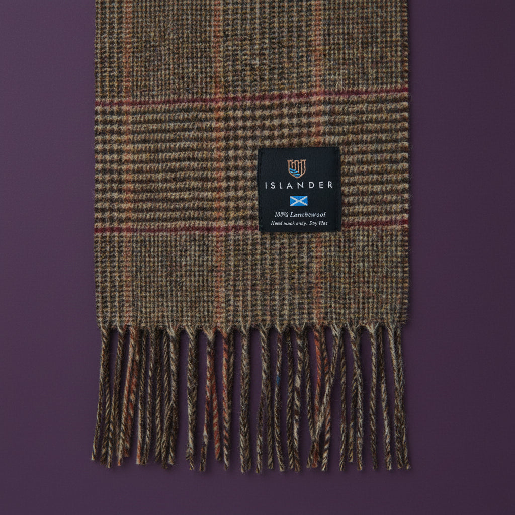 Beige dogtooth lambswool scarf showing the woven Islander label