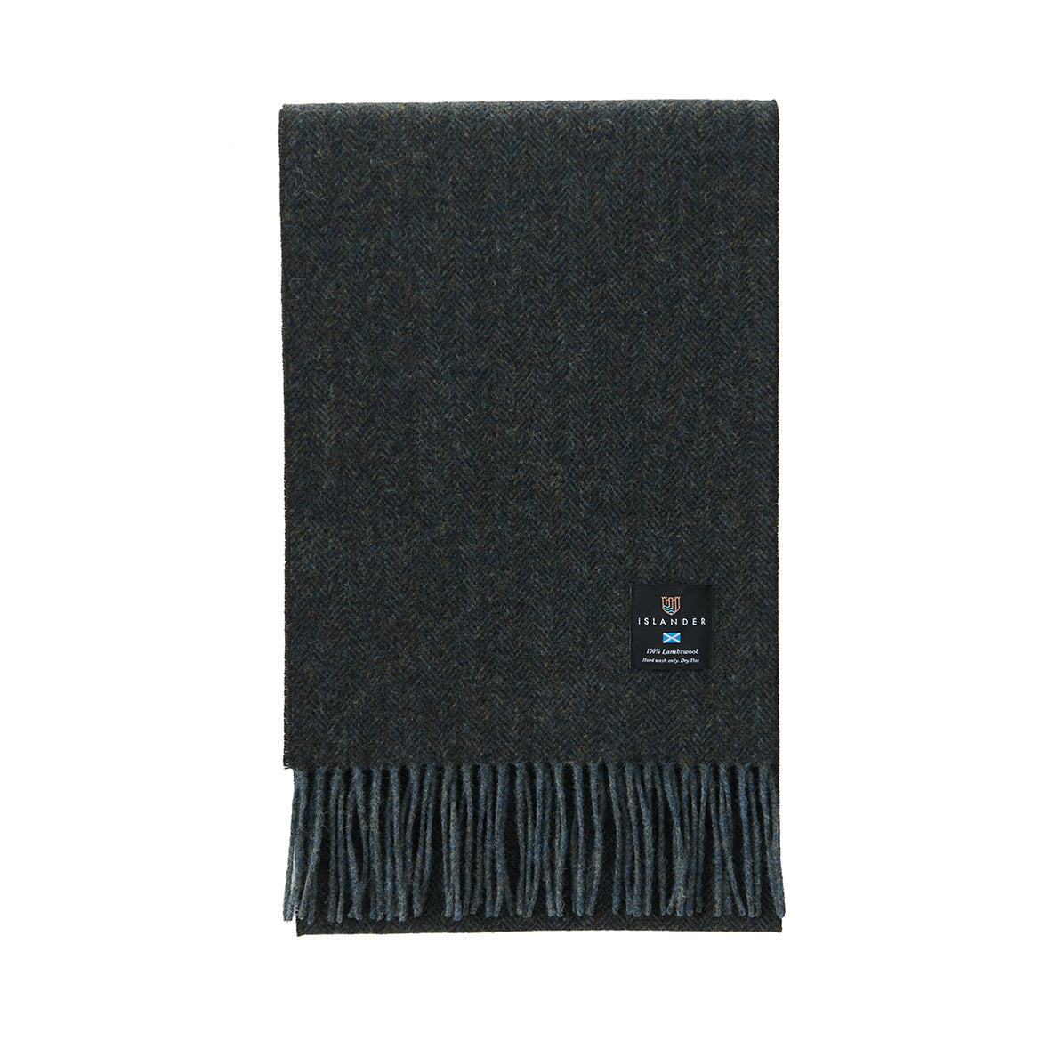 Islander lambswool scarf in black and grey herringbone with fringed ends
