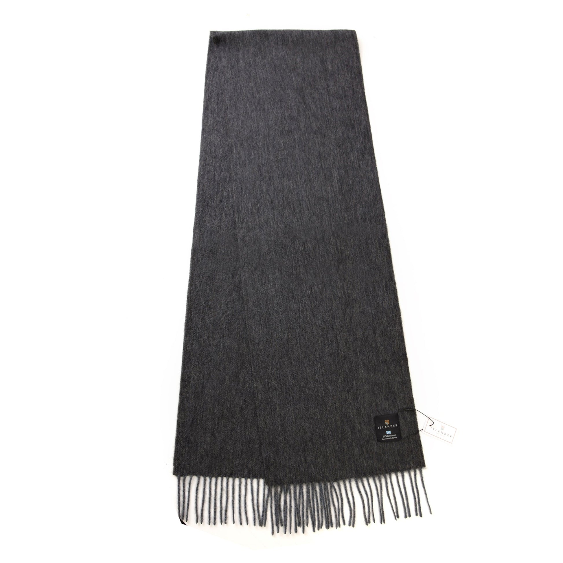 Full length black and grey herringbone lambswool scarf with pale fringed ends