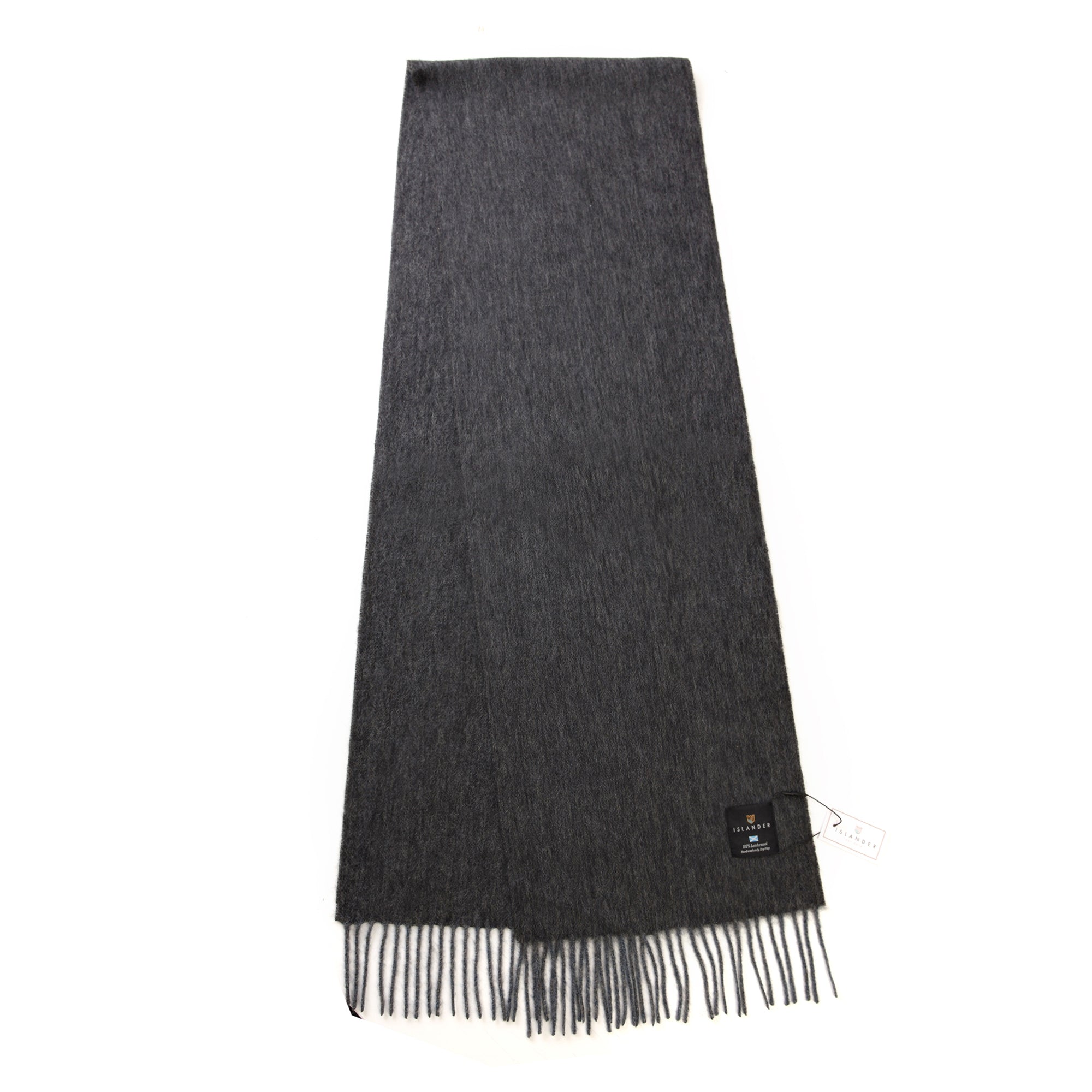Full length black and grey herringbone lambswool scarf with pale fringed ends