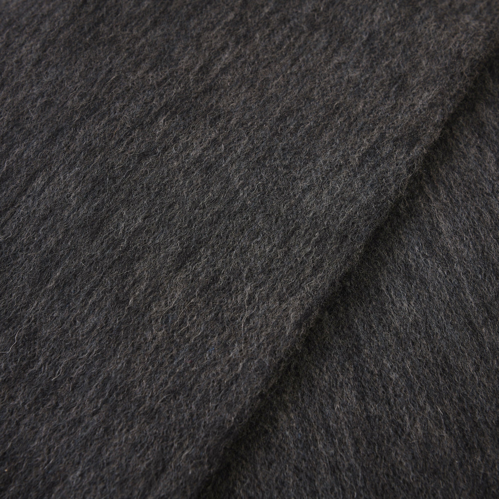 Close-up of the herringbone weave on the black and grey lambswool scarf