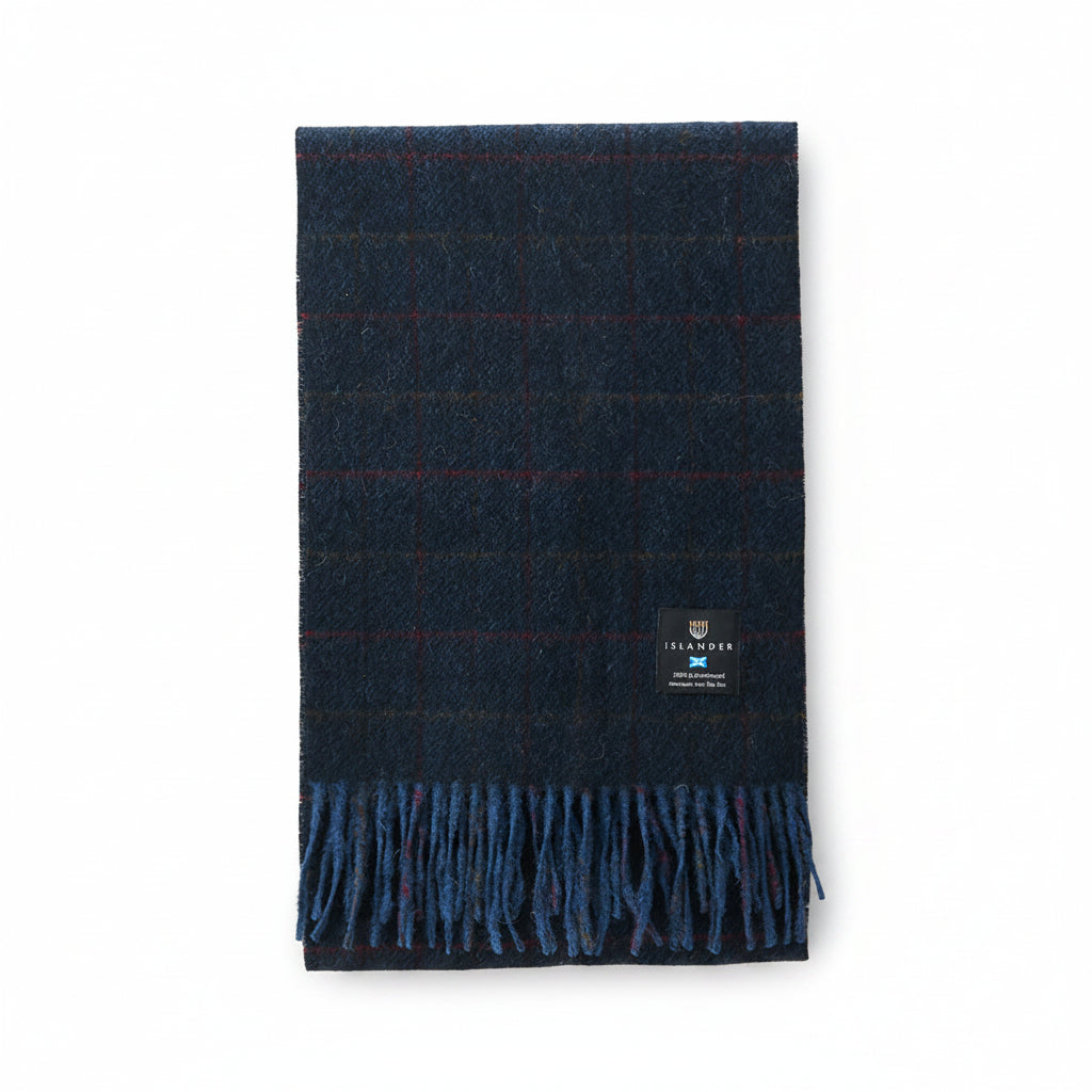 Islander lambswool scarf in navy over-check with fringed ends