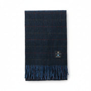 Islander lambswool scarf in navy over-check with fringed ends