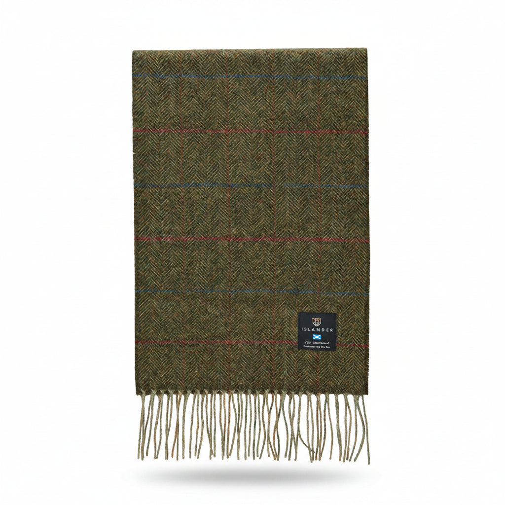 Islander lambswool scarf in olive herringbone with a rust over-check