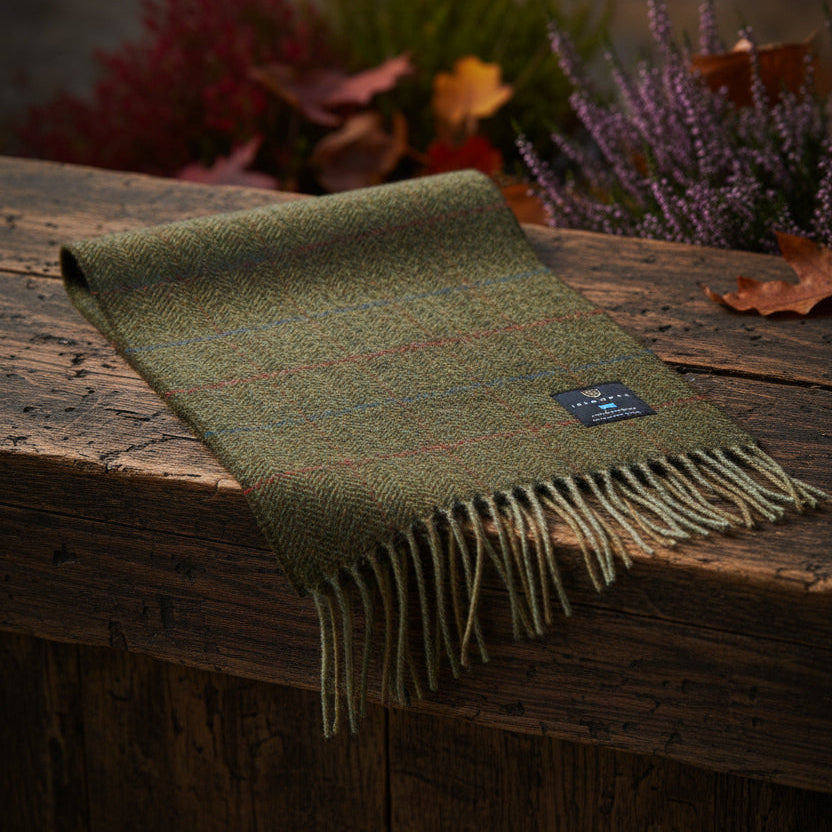 A green herringbone tweed scarf with thin red and blue windowpane plaid stripes and fringed ends, featuring a black and blue Sennet brand label near the bottom.