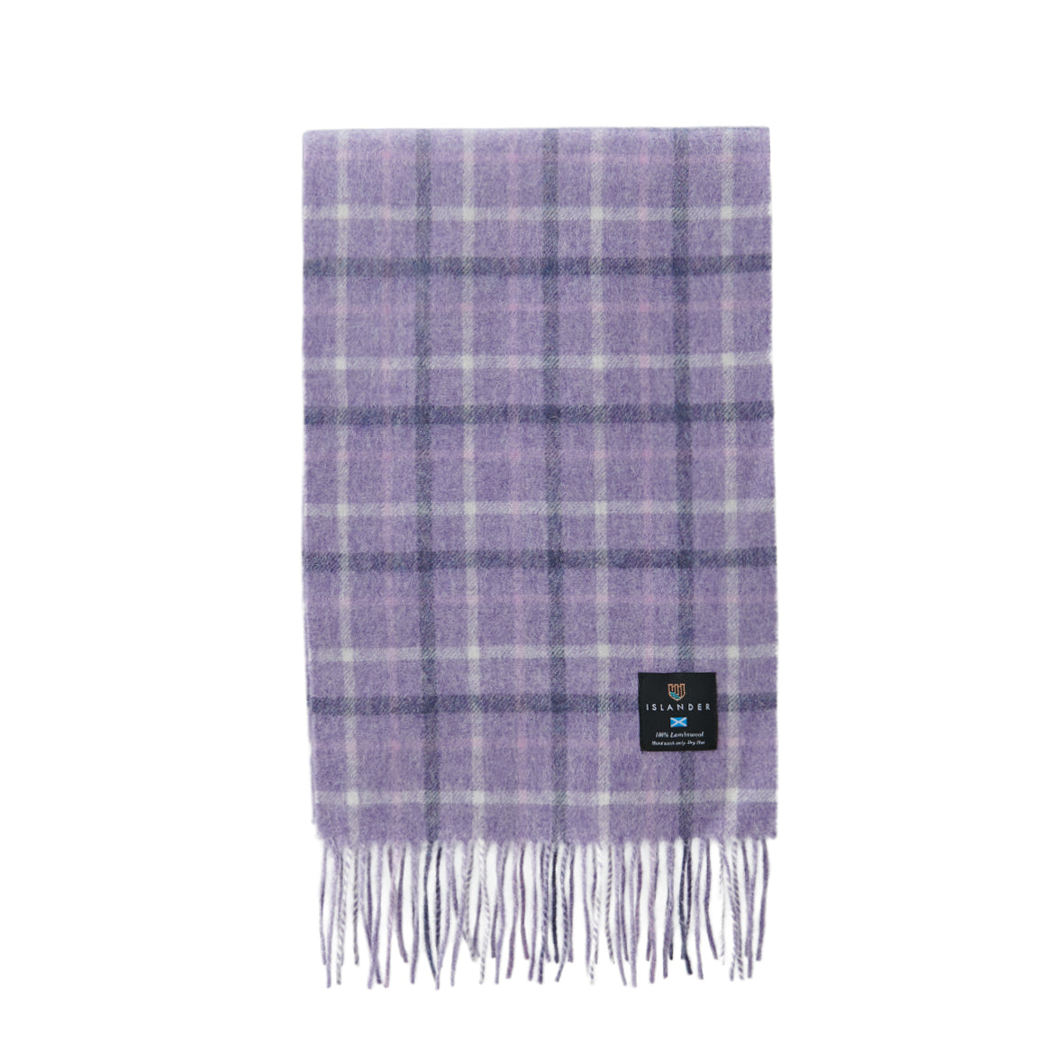 Islander lambswool scarf in lilac and purple tartan with fringed ends