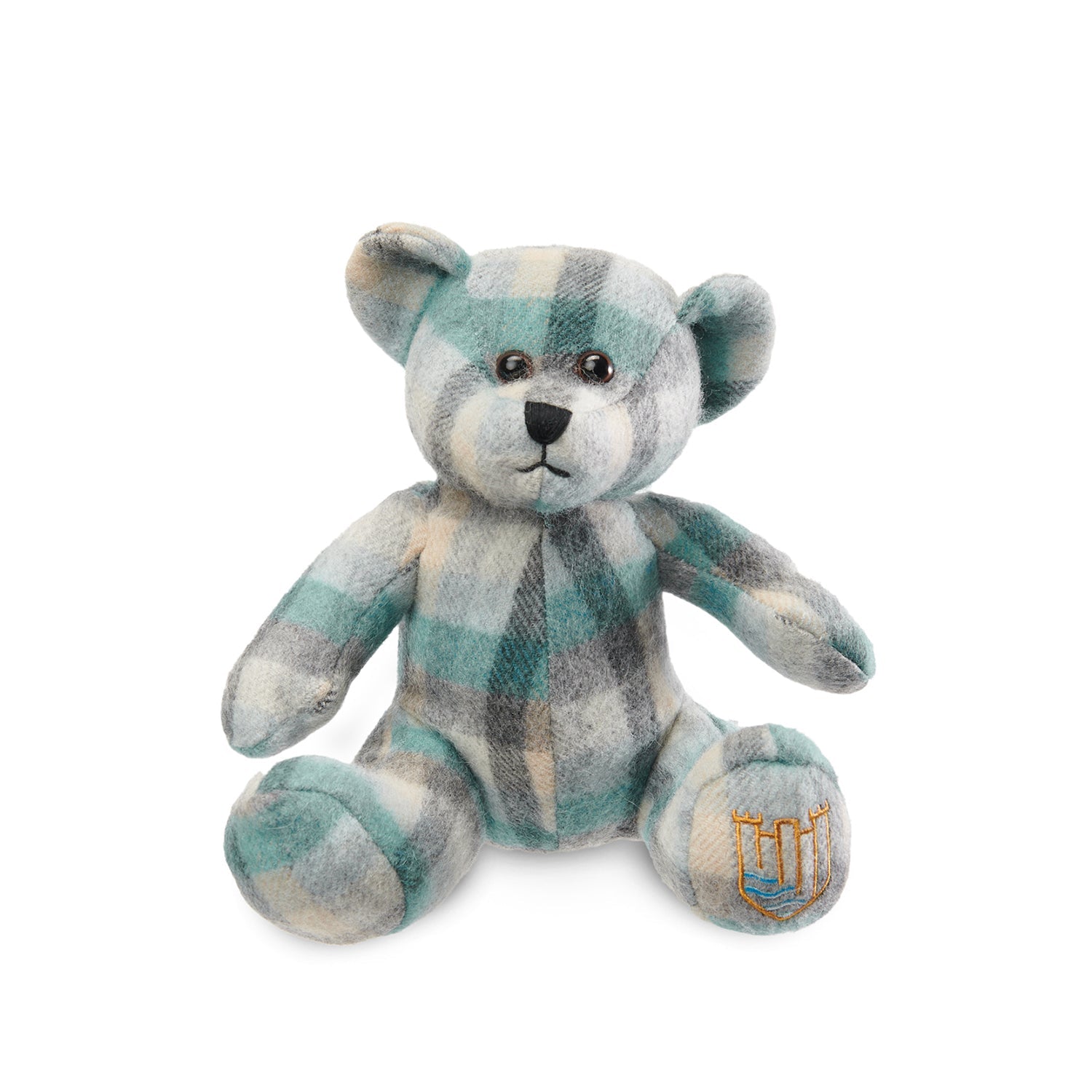 Lambswool teddy teal Islander tartan front view on white background.