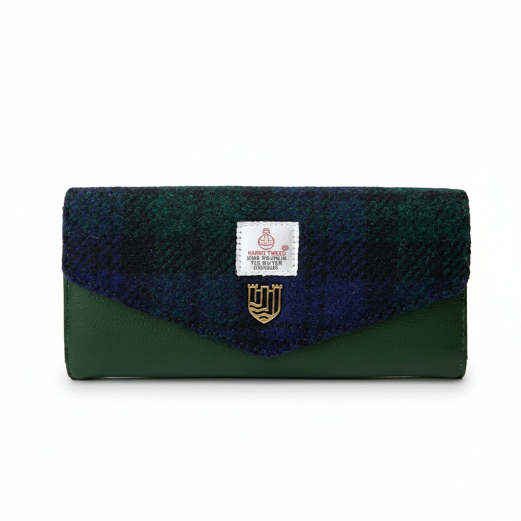 Harris Tweed purse in navy and green Black Watch tartan on white background