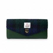 Harris Tweed purse in navy and green Black Watch tartan on white background