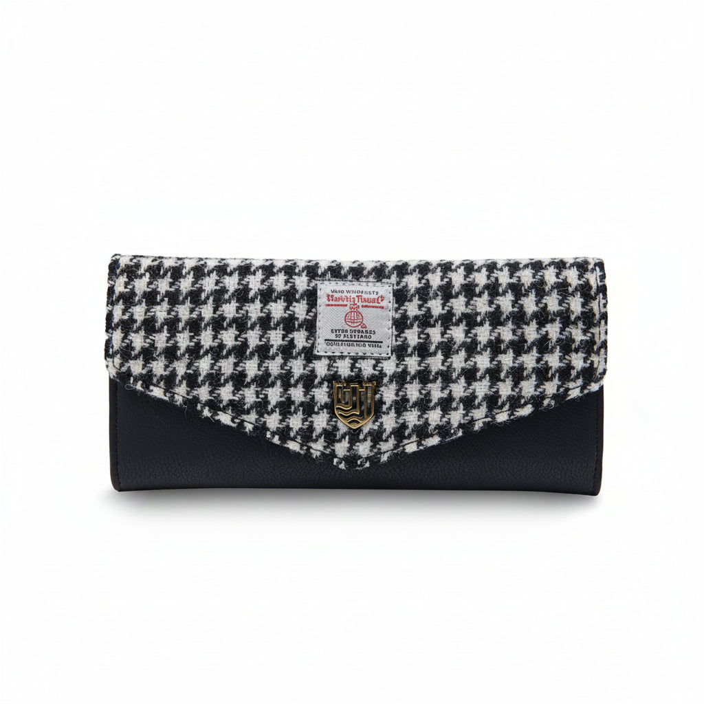 Harris Tweed dogtooth purse in black and white on white background