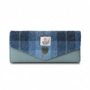 Harris Tweed clasp purse in blue tartan front view on white background