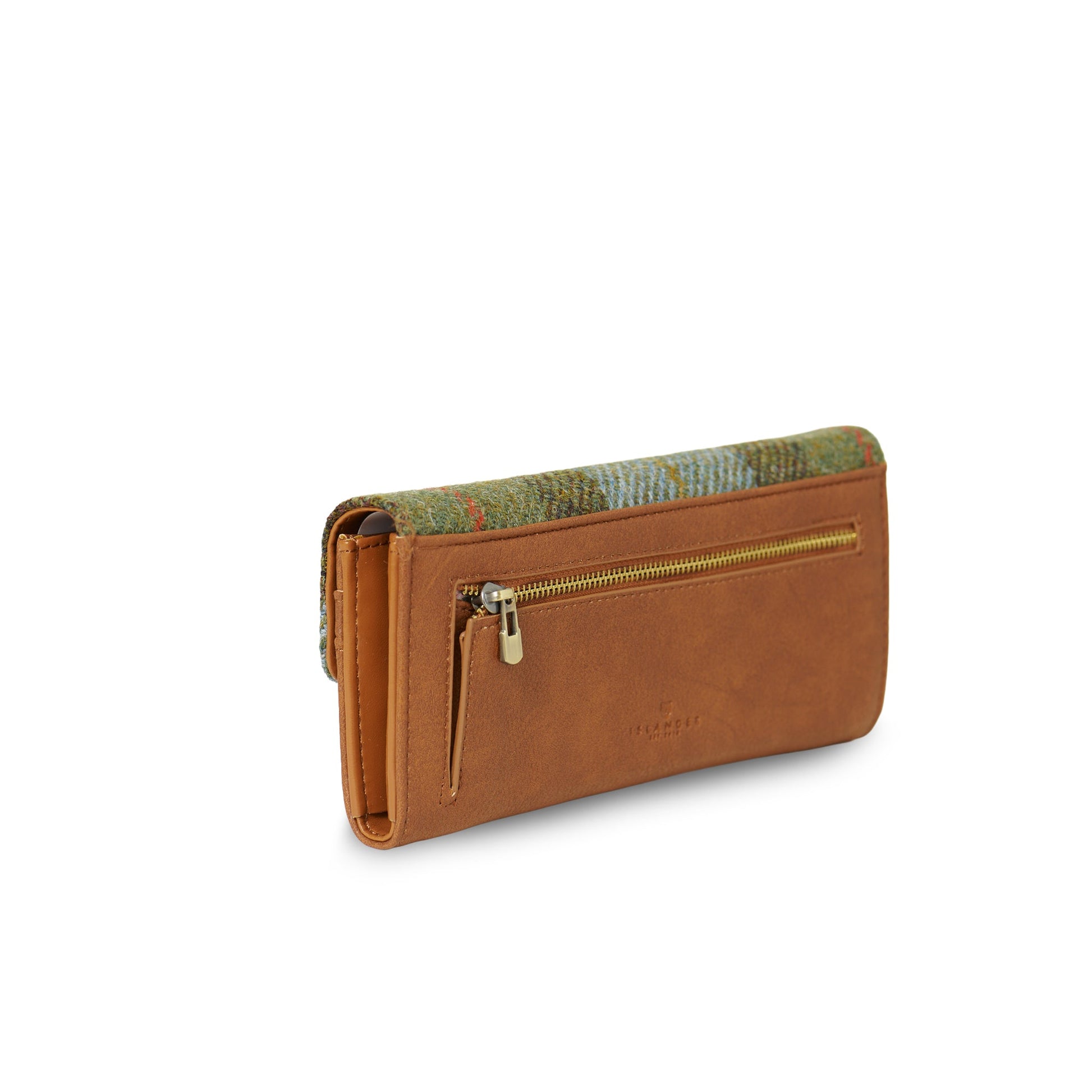 Back and side view showing tan leather zip pocket on white background