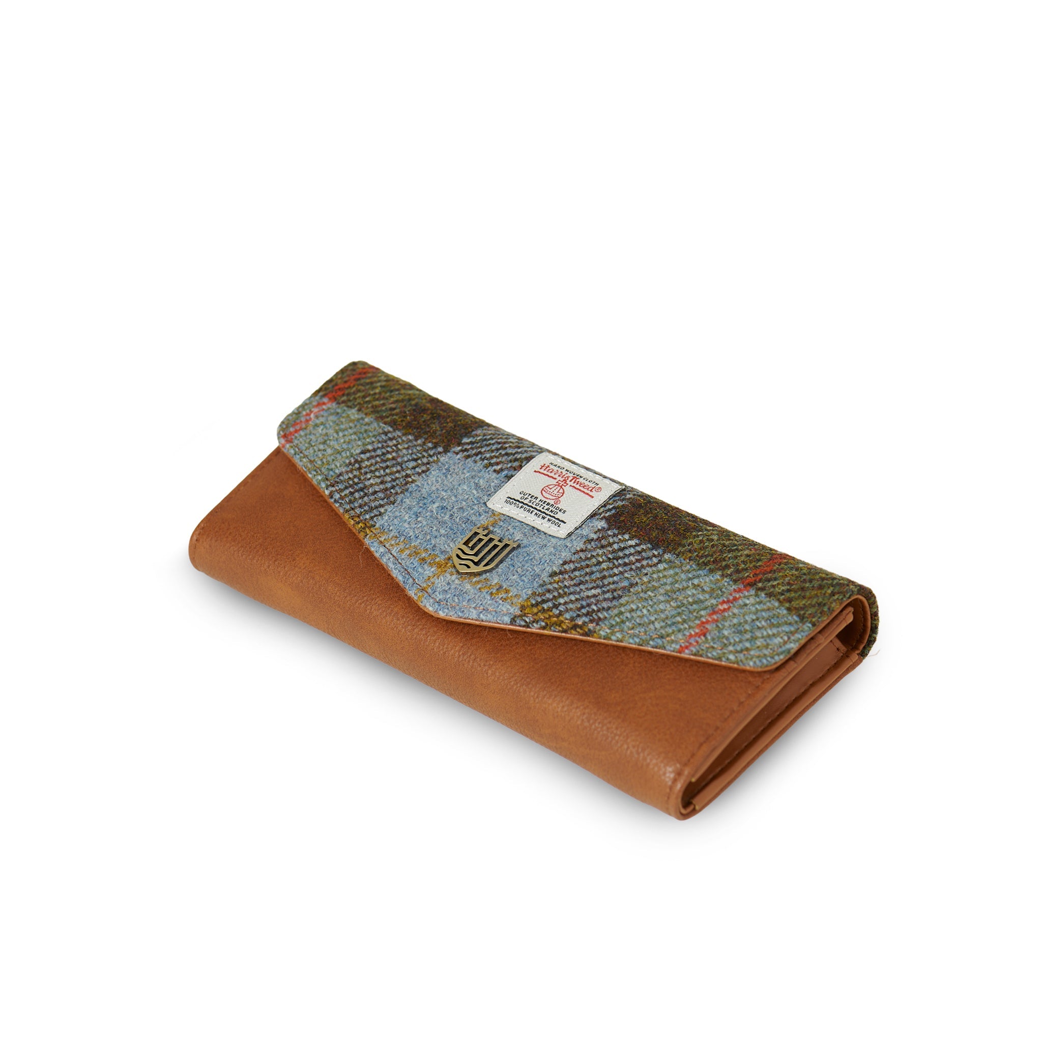 Chestnut and blue tartan Harris Tweed purse angled view on white background