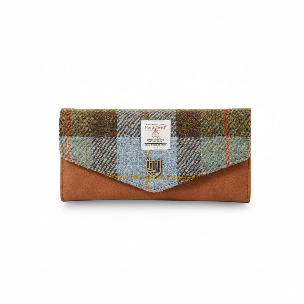 Harris Tweed purse in chestnut and blue tartan front view on white background