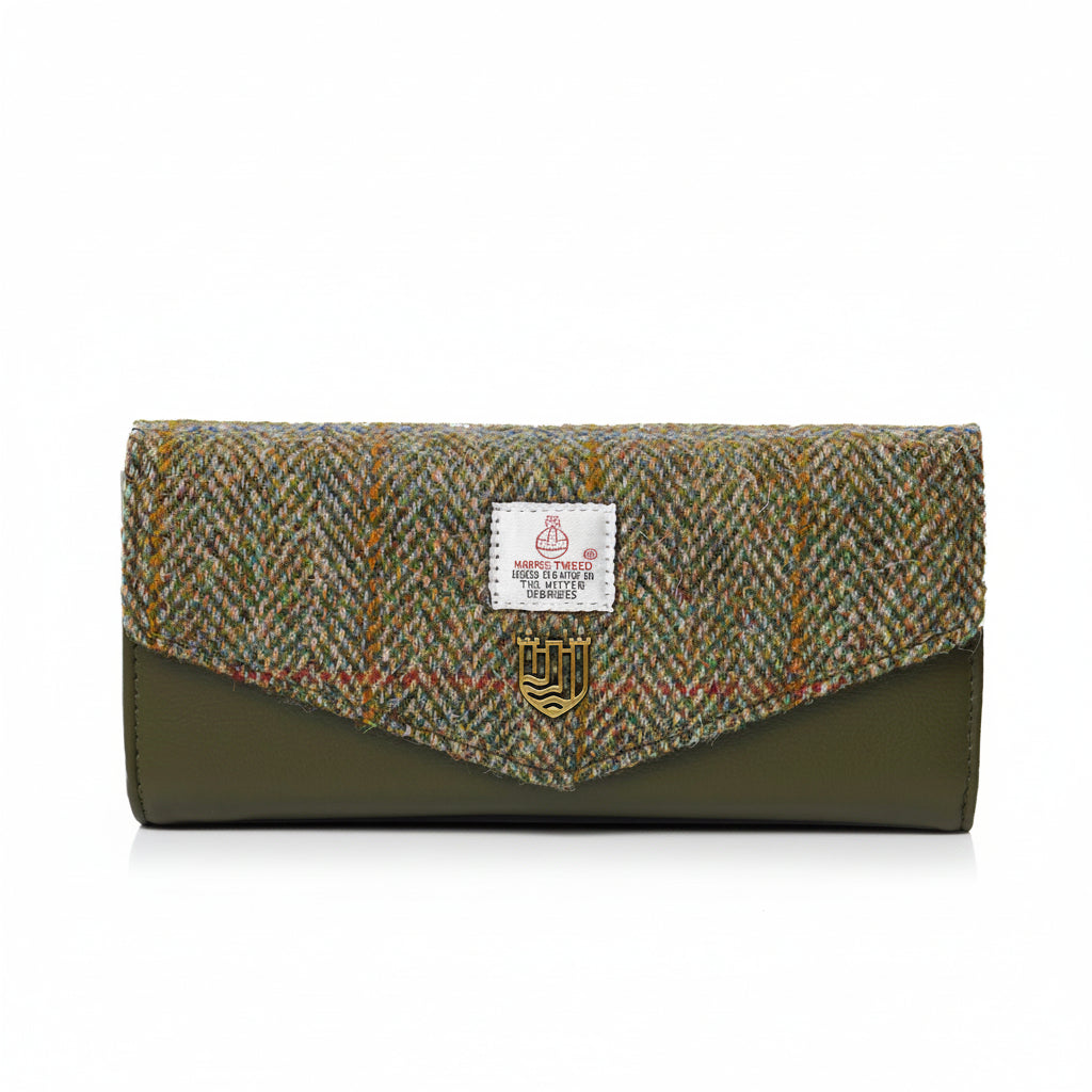 Harris Tweed purse in chestnut herringbone front view on white background