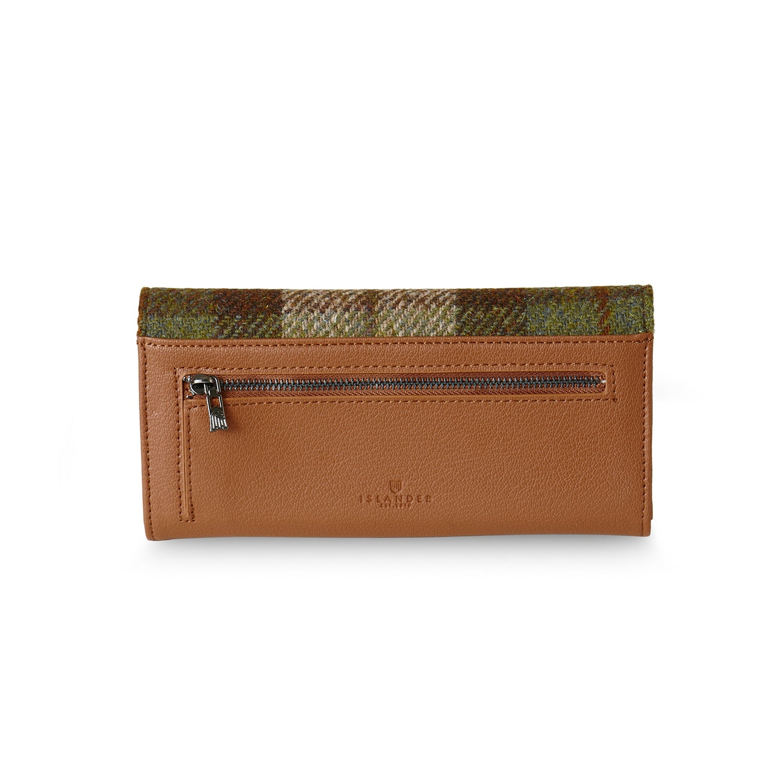 Back view of chestnut tartan purse showing tan leather zip pocket