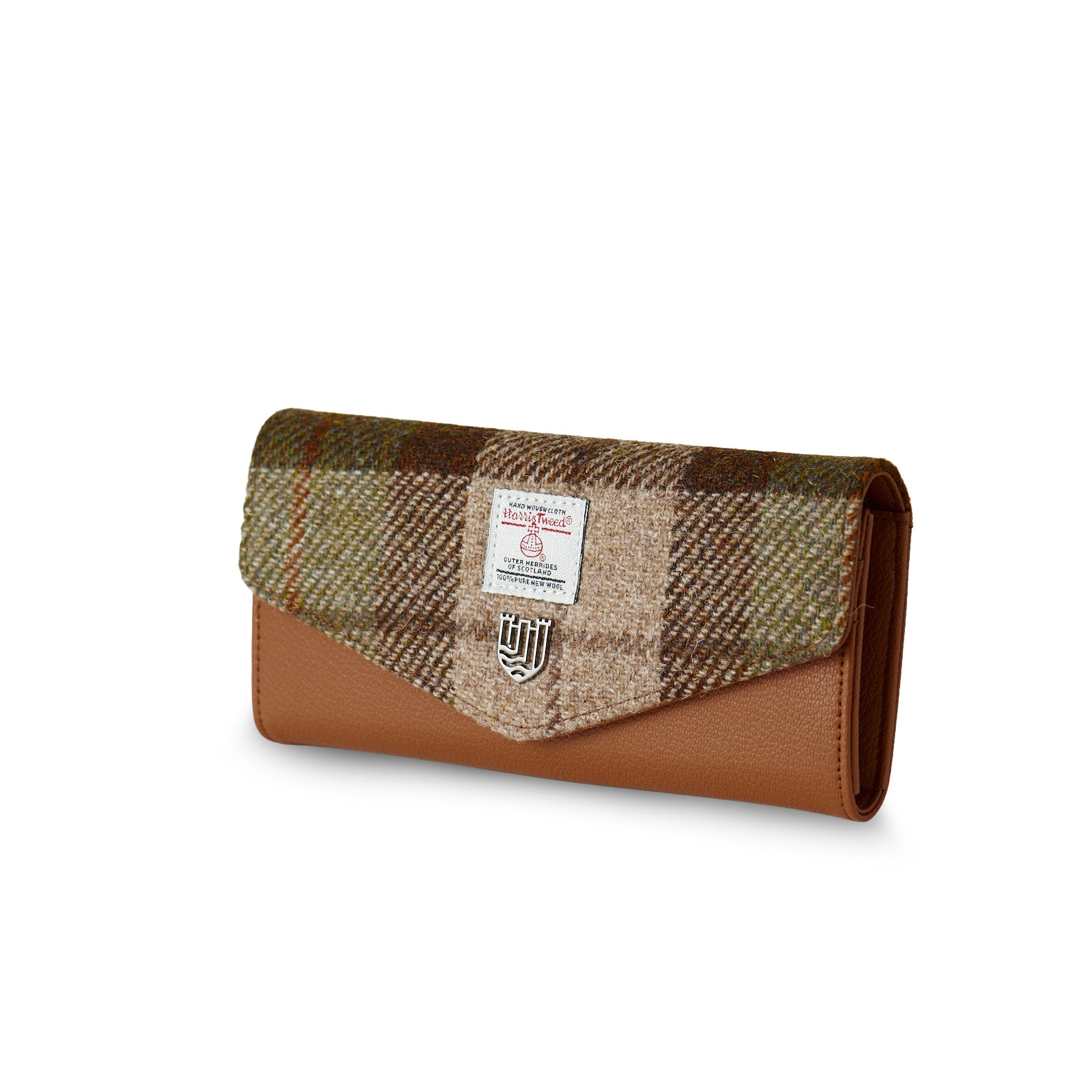Chestnut tartan Harris Tweed purse angled view showing depth on white background