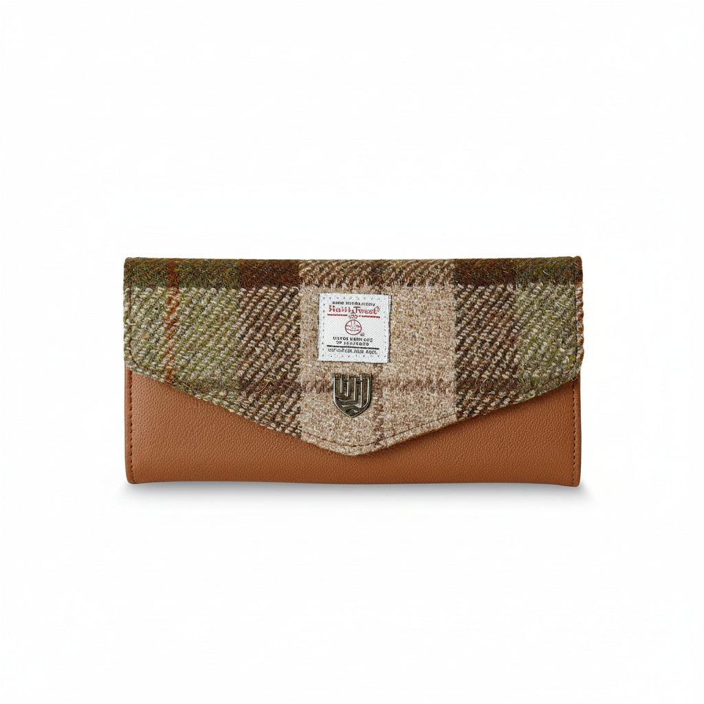 Harris Tweed clasp purse in chestnut tartan front view on white background