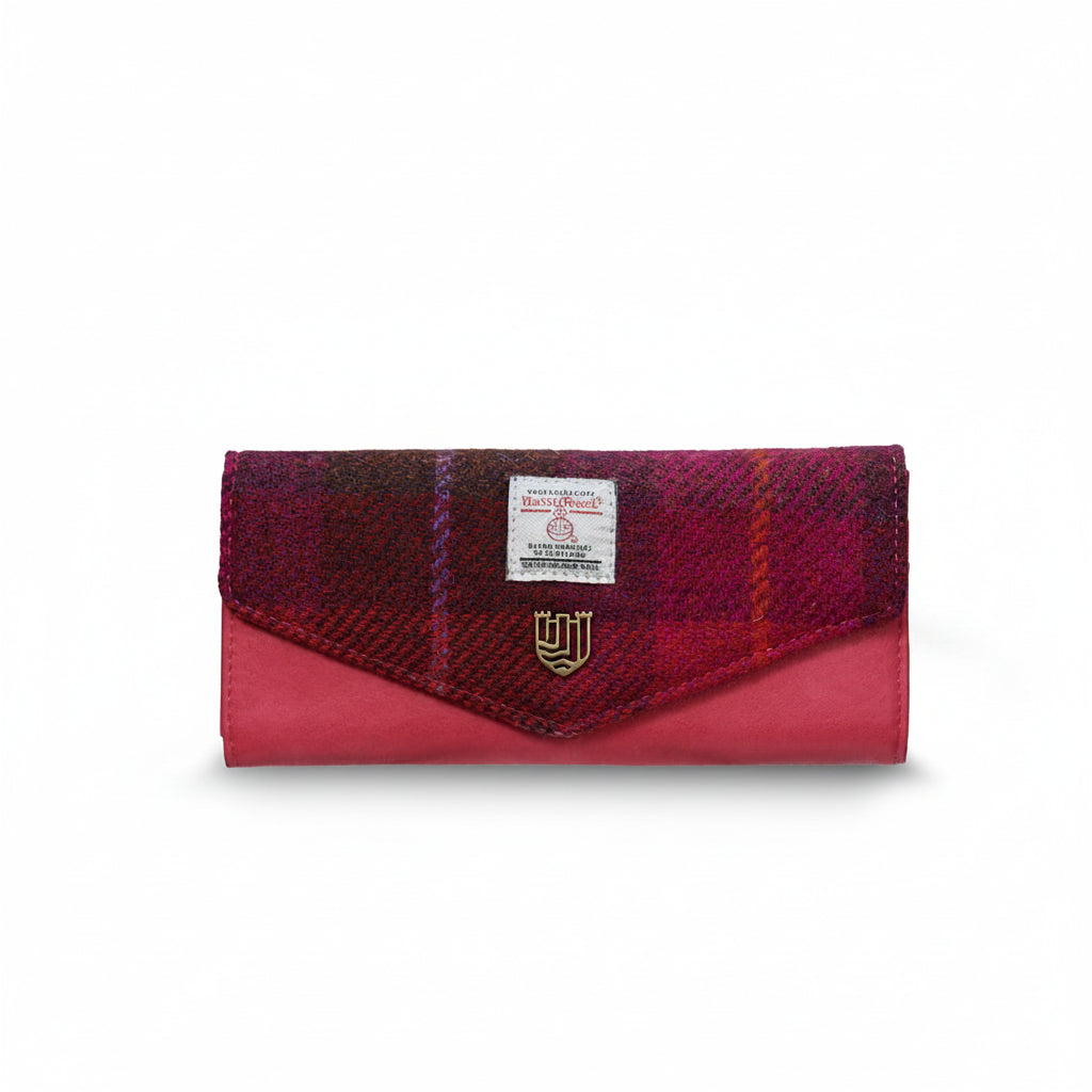 Harris Tweed clasp purse in fuchsia tartan front view on white background