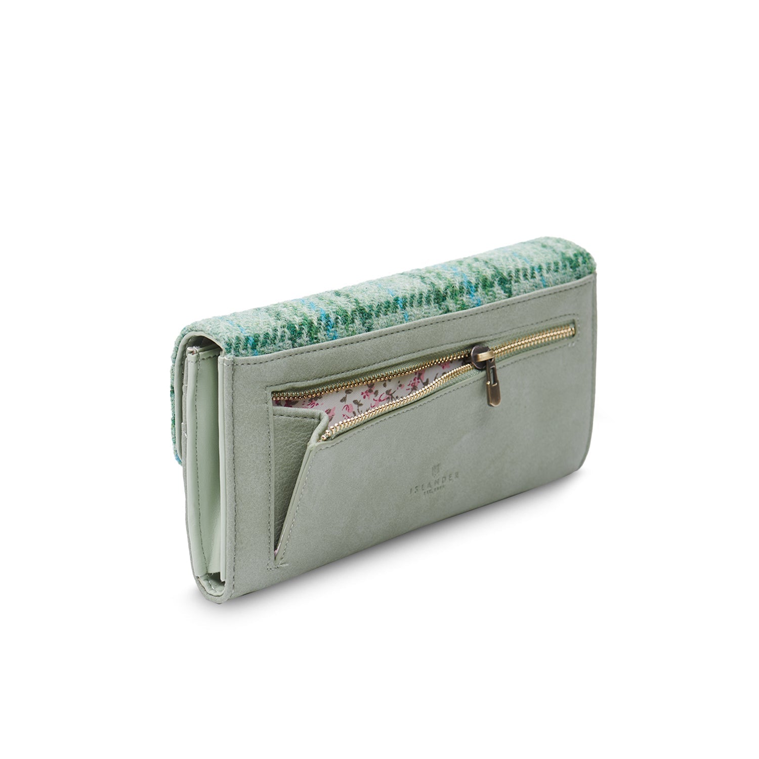Mint tartan Harris Tweed clasp purse shown at an angle