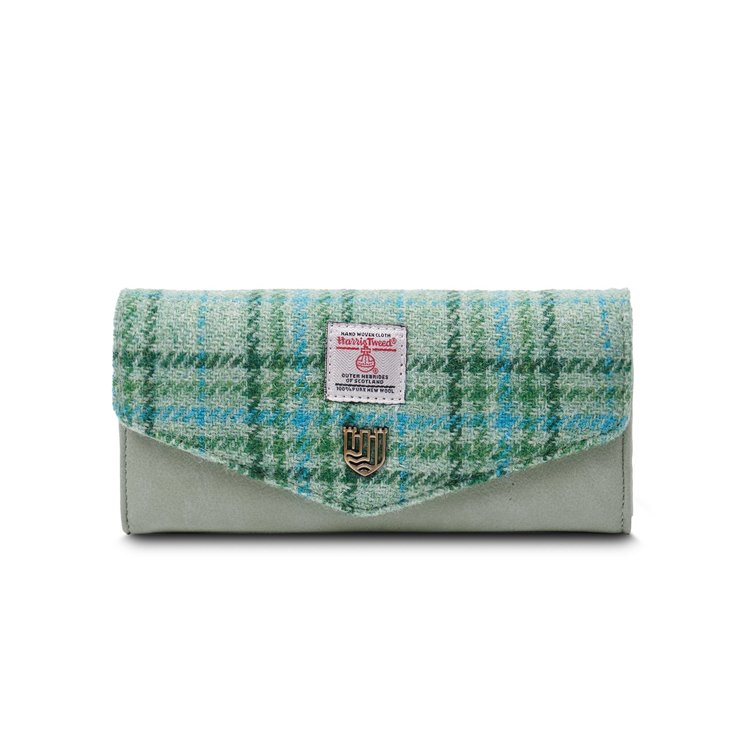 Harris Tweed large clasp purse in mint green tartan with sage leather
