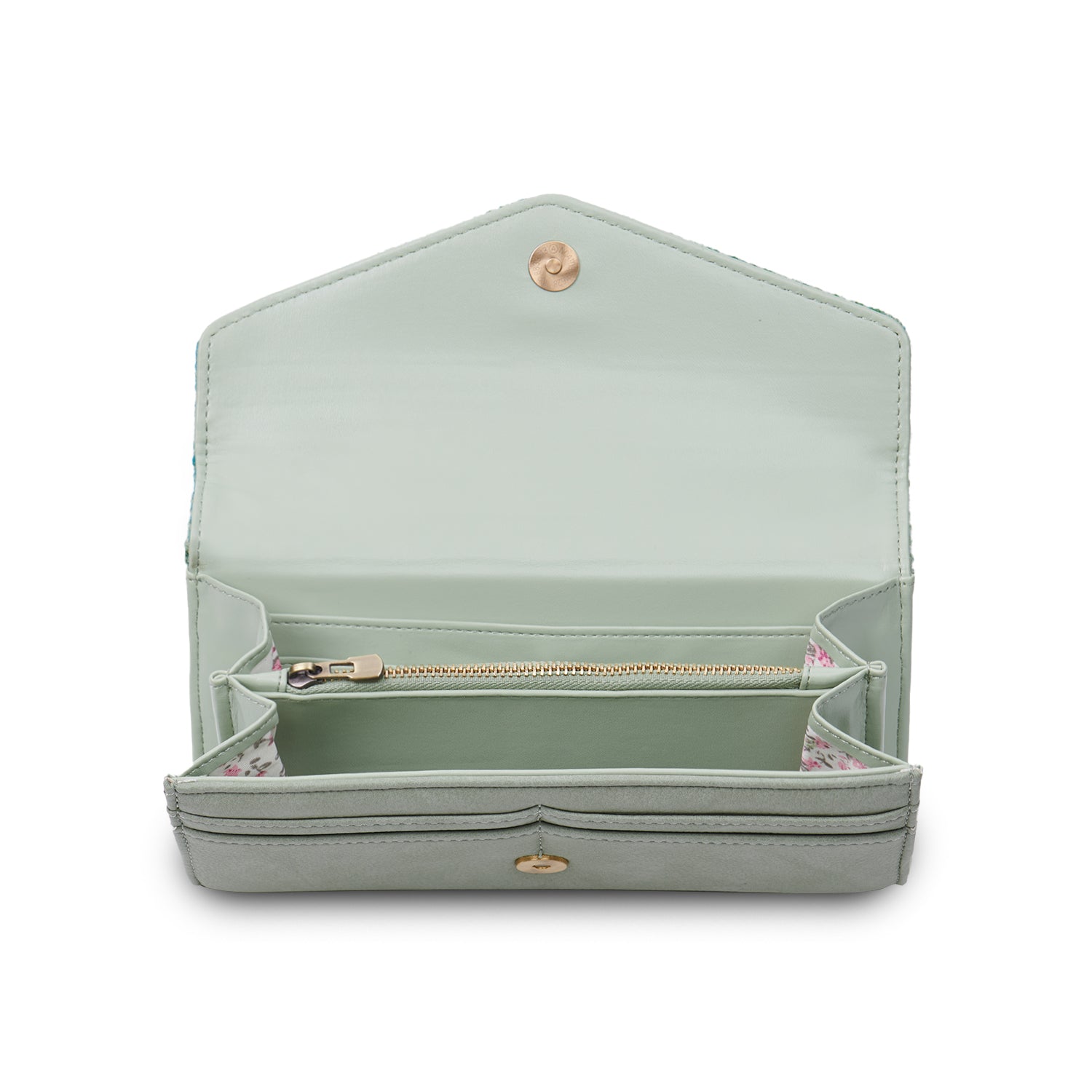 Mint clasp purse open, showing the lined card and note sections