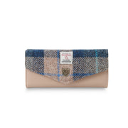 Harris Tweed large clasp purse in navy and beige tartan with beige leather