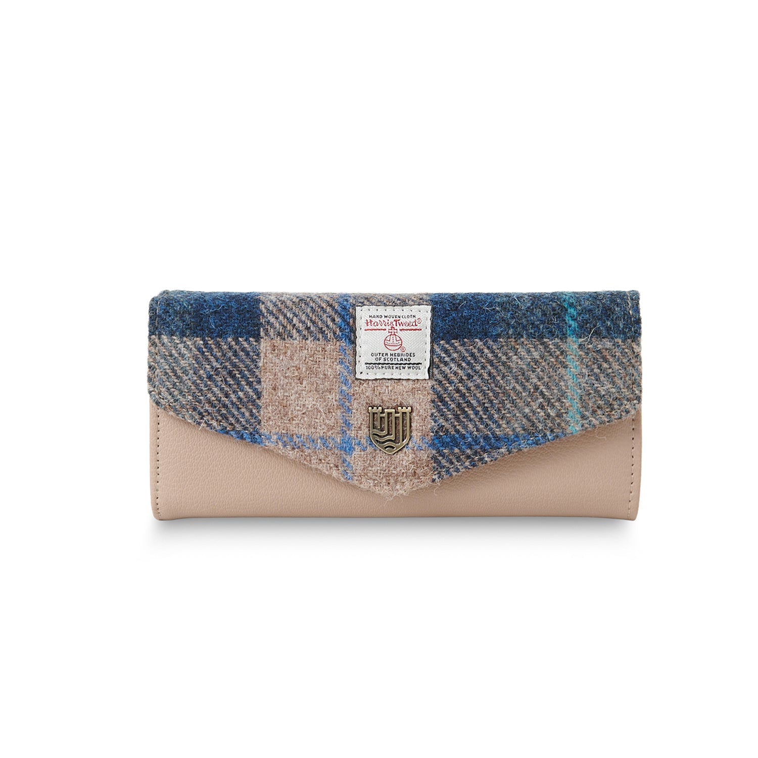 Harris Tweed large clasp purse in navy and beige tartan with beige leather